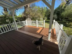 Holzterrasse Werder nachher: fertig geölt mit Geländer und Pergola
